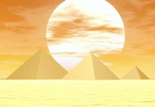 A desert with three pyramids and sun in the background.